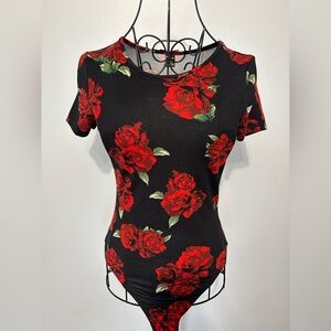 Black and Red Rose Short-Sleeve Bodysuit